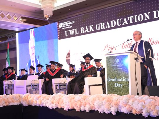 Prof. Anthony Woodman, Deputy Vice Chancellor, addresses graduates on the UWL RAK graduation day