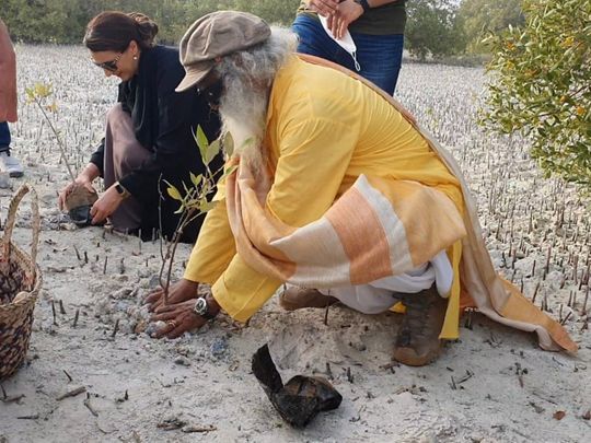 Sadhguru planting a mangrove with Mariam Al Mheiri 1-1652887855411