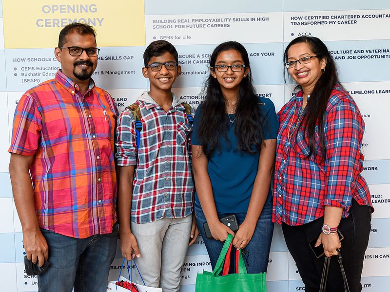 Siblings Ryan and Debbie Jimmy with parents Jimmy Jose and Smitha Jimmy at Gulf News Edufair 2022 in Dubai