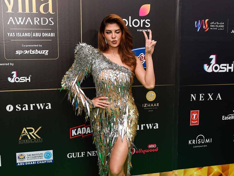 Bollywood actress Jacqueline Fernandez makes a sartorial statement on the IIFA Rocks green carpet with an edgy, metallic gown