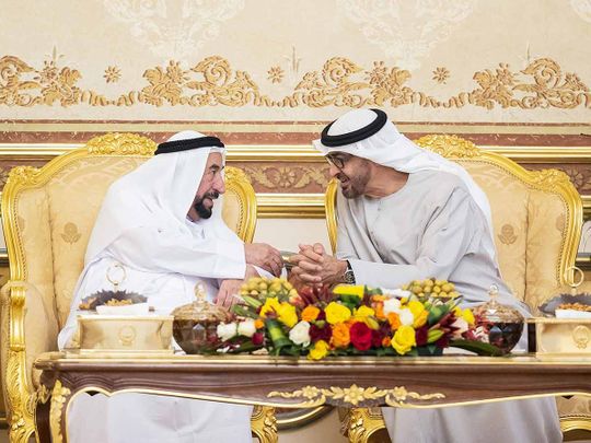President His Highness Sheikh Mohamed bin Zayed Al Nahyan with His Highness Dr. Sheikh Sultan bin Mohammad Al Qasimi, Supreme Council Member and Ruler of Sharjah, at Al Badi'a Palace. WAM