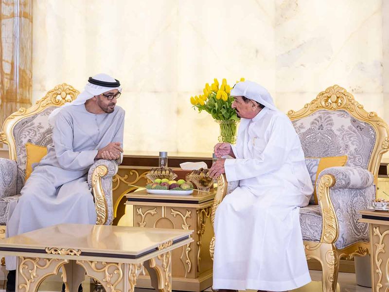 President His Highness Sheikh Mohamed bin Zayed Al Nahyan with His Highness Sheikh Humaid bin Rashid Al Nuaimi, UAE Supreme Council Member and Ruler of Ajman, at the Ruler's Court. 