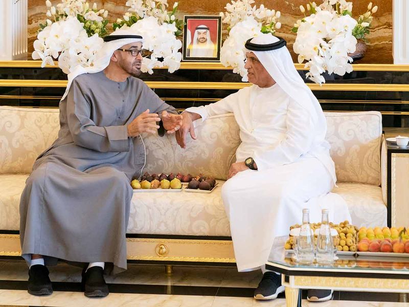 President His Highness Sheikh Mohamed bin Zayed Al Nahyan with His Highness Sheikh Saud bin Saqr Al Qasimi, Supreme Council Member and Ruler of Ras Al Khaimah, at Nad Al Habbai Palace. 