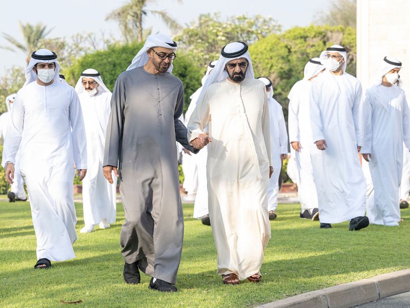 Shaikh Mohamed bin Zayed Al Nahyan visits Sheikh Mohammed bin Rashid Al Maktoum at Zabeel Palace. Seen with Shaikh Hamdan Bin Mohamed Al Maktoum.