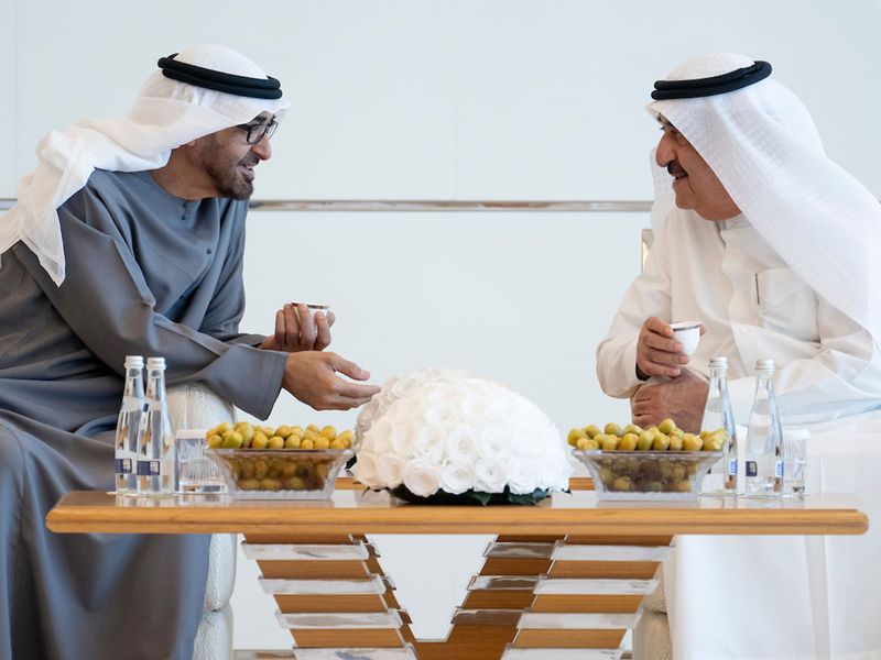 Sheikh Mohamed Bin Zayed Al Nahyan visits Sheikh Saud bin Rashid Al Mu'alla, Ruler of Umm Al Quwain, at the Amiri Court.