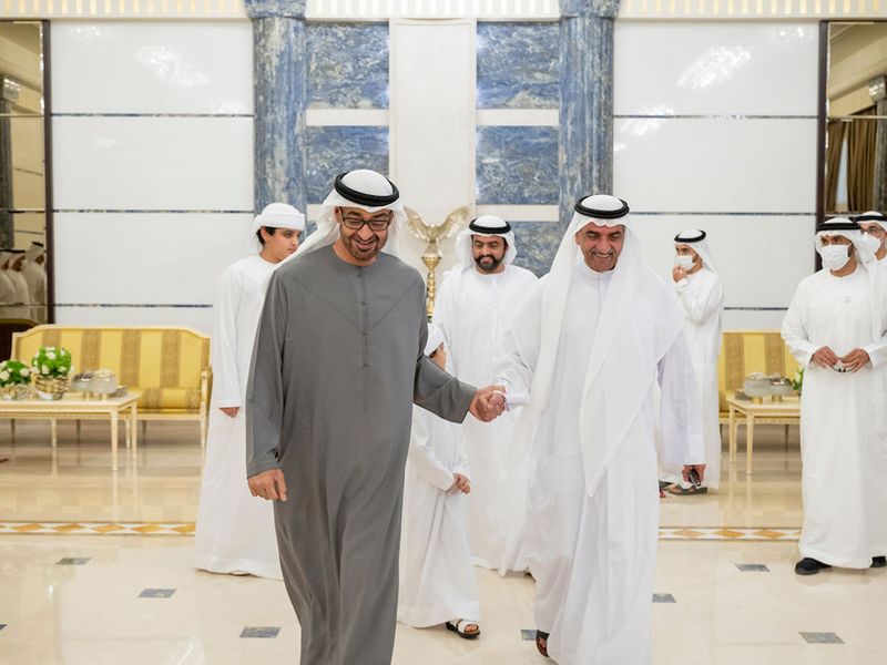 Sheikh Mohamed Bin Zayed Al Nahyan visits visits Sheikh Hamad bin Mohamed Al Sharqi, Ruler of Fujairah, at Al Rumailah Palace.