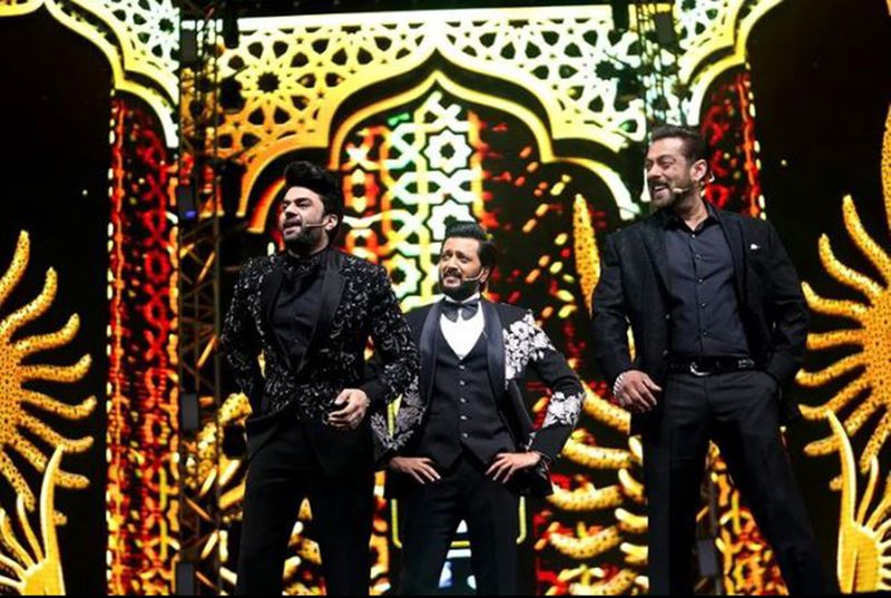 Salman Khan, far right, hosting the IIFA Awards with Maniesh Paul and Riteish Deshmukh