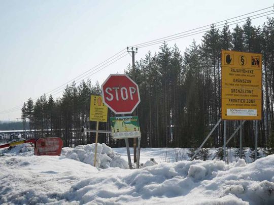 Road signs are seen at the Imatra border crossing with Russia, in Imatra, Finland. 