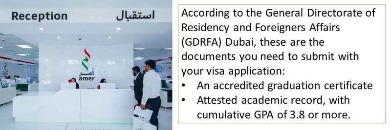 According to the General Directorate of Residency and Foreigners Affairs (GDRFA) Dubai, these are the documents you need to submit with your visa application:  An accredited graduation certificate Attested academic record, with cumulative GPA of 3.8 or more. 