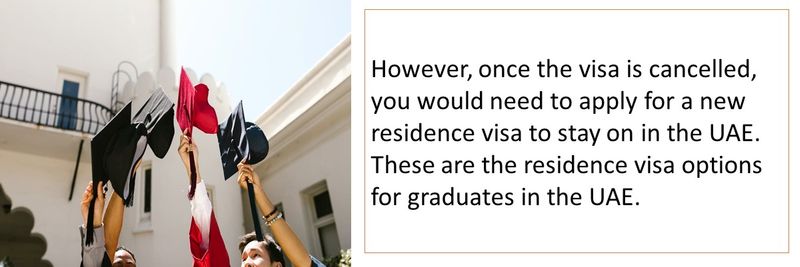 However, once the visa is cancelled, you would need to apply for a new residence visa to stay on in the UAE. These are the residence visa options for graduates in the UAE.