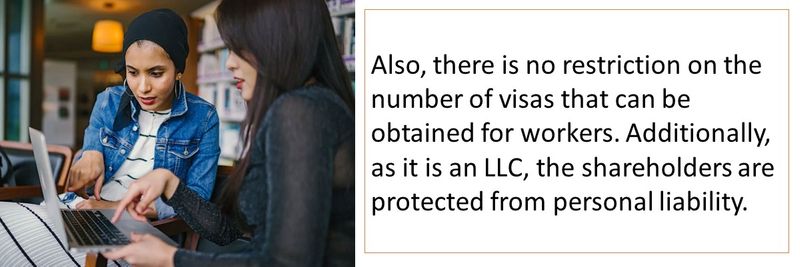 Also, there is no restriction on the number of visas that can be obtained for workers. Additionally, as it is an LLC, the shareholders are protected from personal liability.
