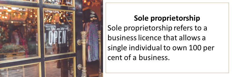 Sole proprietorship refers to a business licence that allows a single individual to own 100 per cent of a business. 