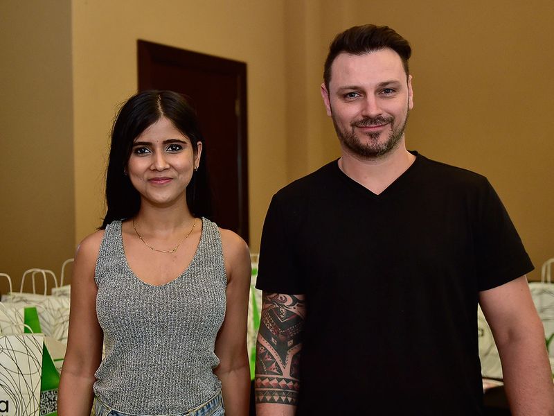 (Left to Right)   Gavin England and Aarohi Surya, for the Yoga session organised by Gulf News during the International Yoga day at Fairmont Hotel in Palm Jumeirah, Dubai. 19th June 2022. 