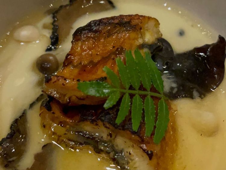 Egg flan with eel and mushrooms, cheese and dashi sauce