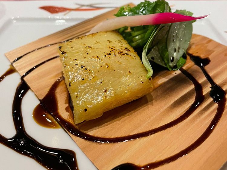 Saikyo miso marinated black cod with pomegranate and balsamic reduction, marinated for 72 hours with truffle.