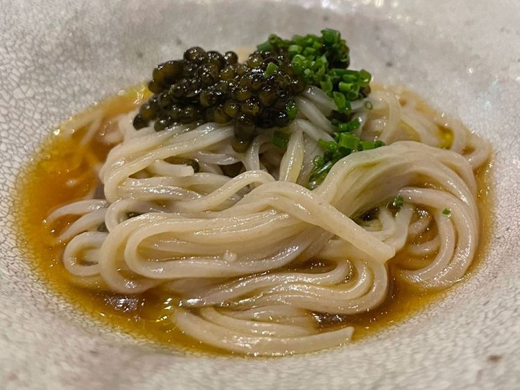Starter: Soba noodles with caviar and extra virgin olive oil served in soy dashi broth.