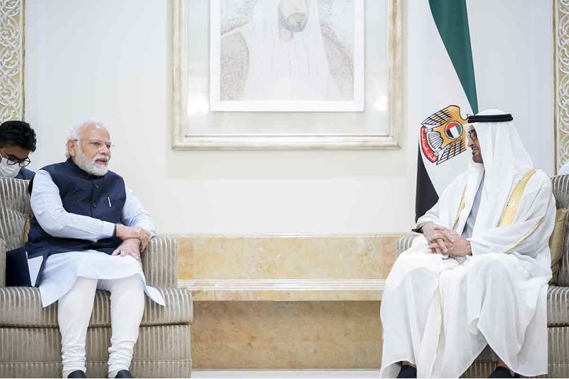 UAE President His Highness Sheikh Mohamed bin Zayed Al Nahyan (right), meets with India's Prime Minister Narendra Modi, at the Presidential Airport in Abu Dhabi.