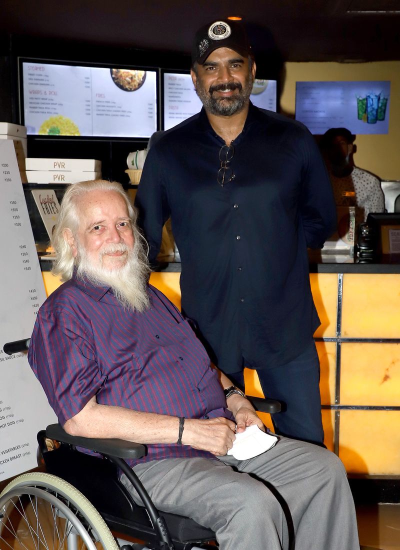 Actor R Madhavan with former Indian Space Research Organisation (ISRO) engineer Nambi Narayanan poses for a photo during the screening of his upcoming film 'Rocketry: The Nambi Effect', in Mumbai on June 30