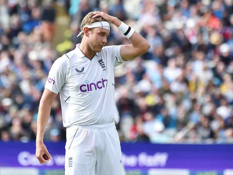 England's Stuart Broad reacts after bowling a delivery to Jasprit Bumrah.