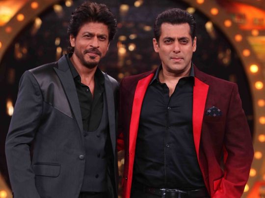 Indian bollywood actors Shah Rukh Khan with Salman Khan on the sets of Bigg Boss season 10 during the promotion of film Raees in Mumbai on Jan 20, 2017