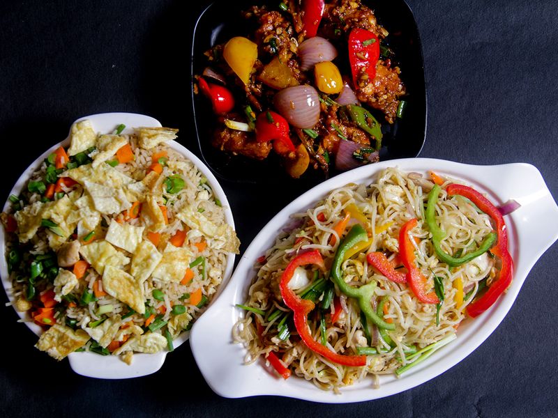 Chilli chicken, chowmein and fried rice