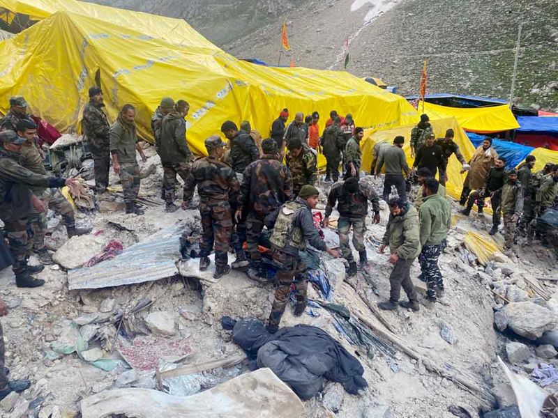 Rescue operation underway after a cloud burst occurred in the lower reaches of Amarnath cave, in Pahalgam on Friday.