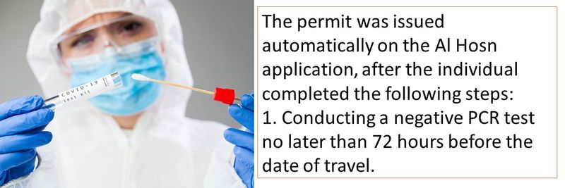 The permit was issued automatically on the Al Hosn application, after the individual completed the following steps: 1. Conducting a negative PCR test no later than 72 hours before the date of travel.