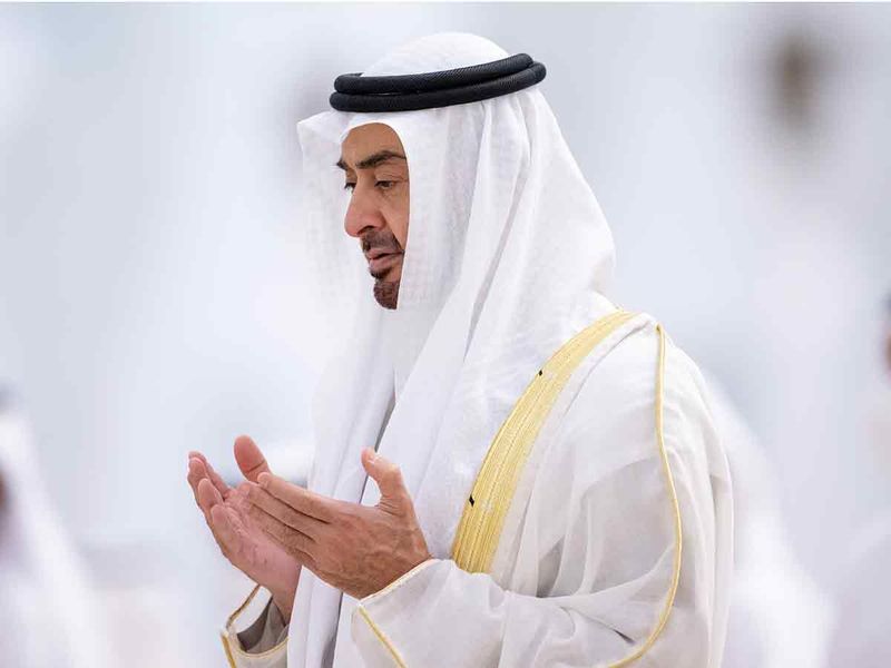 President His Highness Sheikh Mohamed bin Zayed Al Nahyan (centre), attends Eid Al Adha prayers, at the Sheikh Zayed Grand Mosque. 