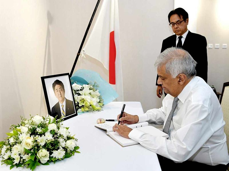 Sri Lankan Prime Minister Ranil Wickremesinghe signed the condolence book for former Prime Minister of Japan Shinzo Abe at the Japanese Embassy, in Colombo on Tuesday.