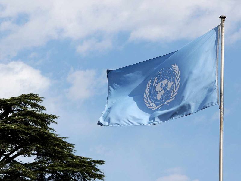 The UN flag is seen at the United Nations headquarters in Geneva
