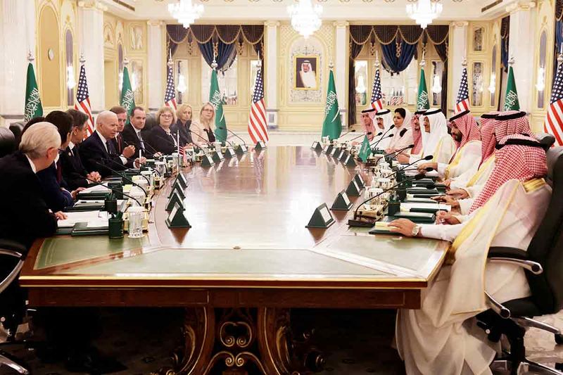 US President Joe Biden participates in a bilateral meeting with Saudi Arabia's Crown Prince Mohammed bin Salman, at Al Salam Royal Palace, in Jeddah, on July 15, 2022. 
