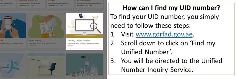 How can I find my UID number? To find your UID number, you simply need to follow these steps: Visit www.gdrfad.gov.ae. Scroll down to click on ‘Find my Unified Number’. You will be directed to the Unified Number Inquiry Service.