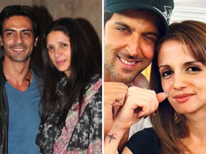Arjun Rampal and Mehr Jessia ( left)  and Hrithik Roshan and Sussanne Khan (right)