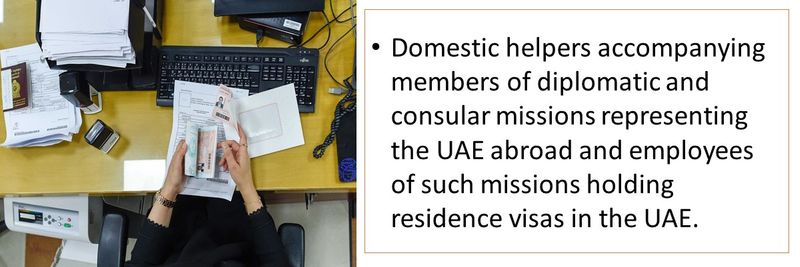 Domestic helpers accompanying members of diplomatic and consular missions representing the UAE abroad and employees of such missions holding residence visas in the UAE.