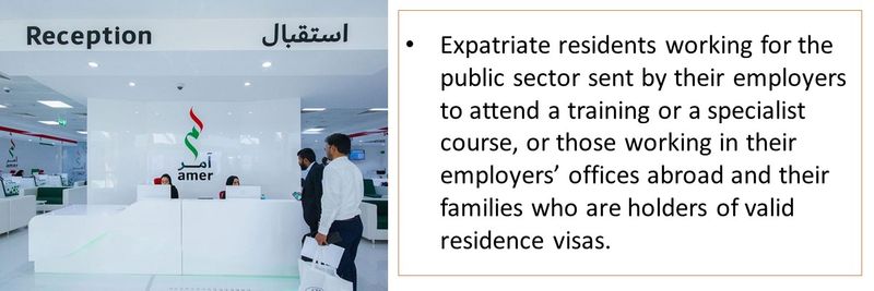 Expatriate residents working for the public sector sent by their employers to attend a training or a specialist course, or those working in their employers’ offices abroad and their families who are holders of valid residence visas.