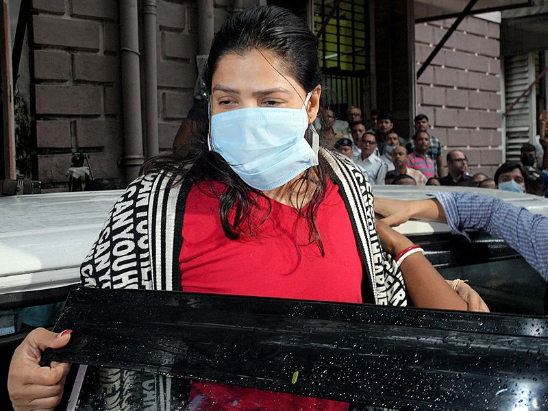 Arpita Mukherjee, a close aide of West Bengal Minister Partha Chatterjee, being produced before Bankshall court by Enforcement Directorate (ED) in connection with the alleged West Bengal School Service Commission and West Bengal Primary Education Board recruitment scam, in Kolkata on Saturday. 