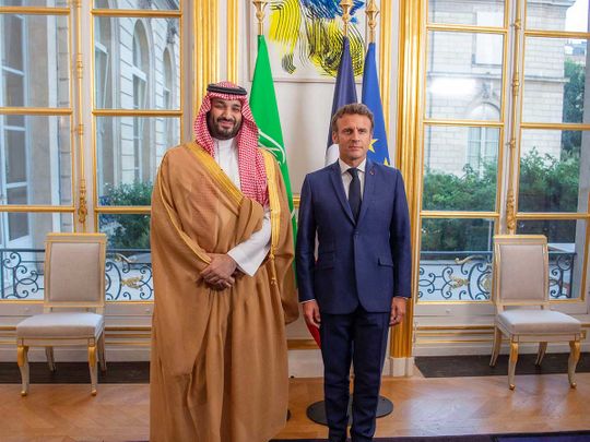 French President Emmanuel Macron welcoming Saudi Crown Prince Mohammed bin Salman 