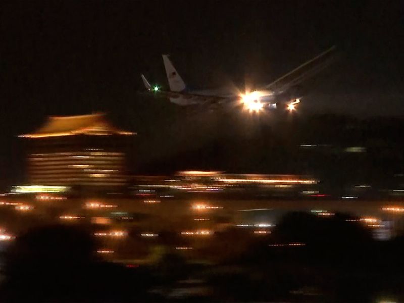 In this image taken from video, a plane carrying U.S. House Speaker Nancy Pelosi lands at Songshan Airport in Taipei, Taiwan, Tuesday, Aug. 2 2022. 