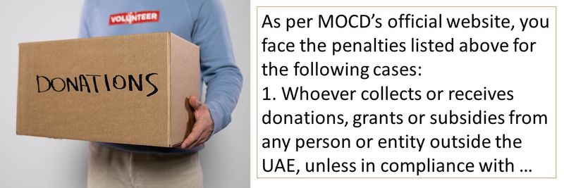As per MOCD’s official website, you face the penalties listed above for the following cases: 1. Whoever collects or receives donations, grants or subsidies from any person or entity outside the UAE, unless in compliance with …