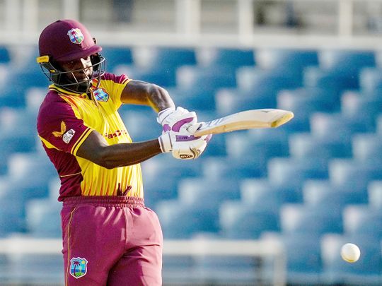 West Indies' Shamarh Brooks plays a shot 