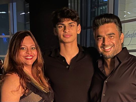 R Madhavan with his wife Sarita and their son Vedaant 