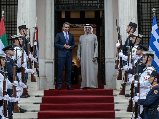 Greek Prime Minister Kyriakos Mitsotakis (left) welcomes UAE President His Highness Sheikh Mohamed bin Zayed Al Nahyan before their meeting in Athens on August 25, 2022. 