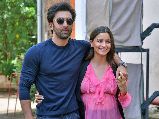 Bollywood actor Ranbir Kapoor with his wife and actress Alia Bhatt pose for a picture during the promotion of their upcoming film ‘Brahmastra Part One: Shiva’, at Mehboob Studios, in Mumbai.
