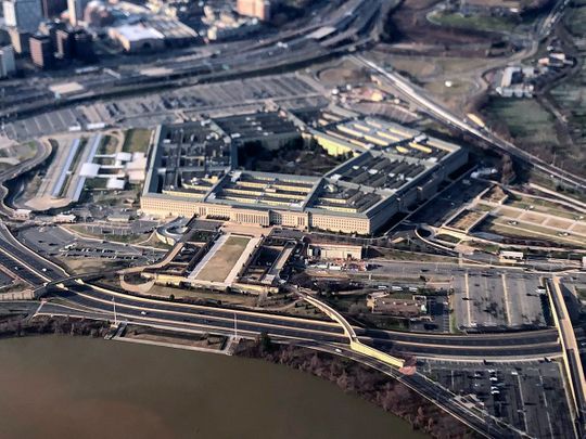 The Pentagon is seen in this aerial view made through an airplane window in Washington. 