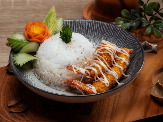 Steamed rice with fried tempura shrimp