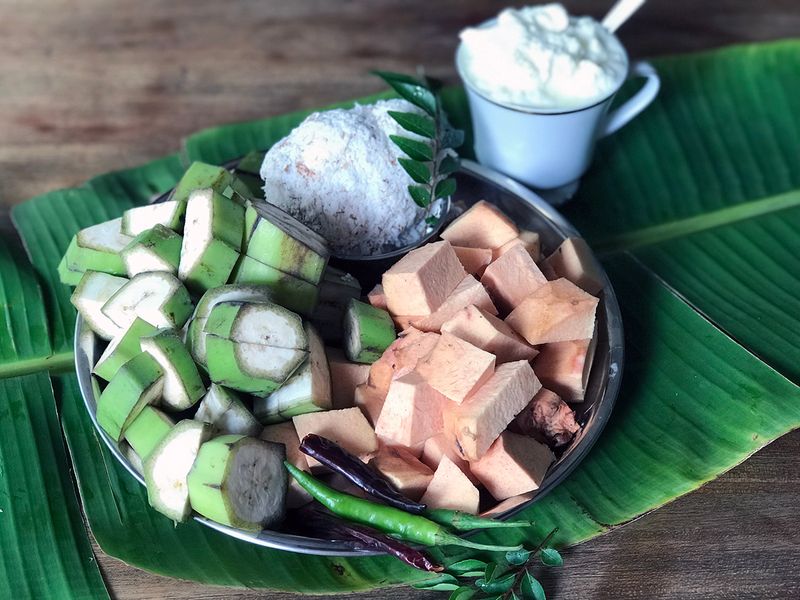 Kaalan ingredients - raw banana, elephant foot yam, yoghurt and grated coconut