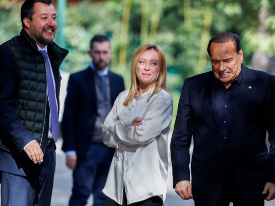 Leader of Brothers of Italy party Giorgia Meloni with Forza Italia party Silvio Berlusconi and League leader Matteo Salvini