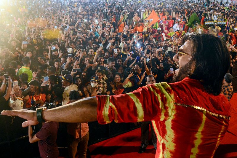 Bollywood actor Ranveer Singh performing at the Marathi Dandiya Mohatsav, in Mumbai on Sunday.