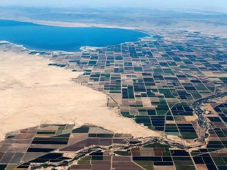 Agricultural farm land is shown near the Salton Sea