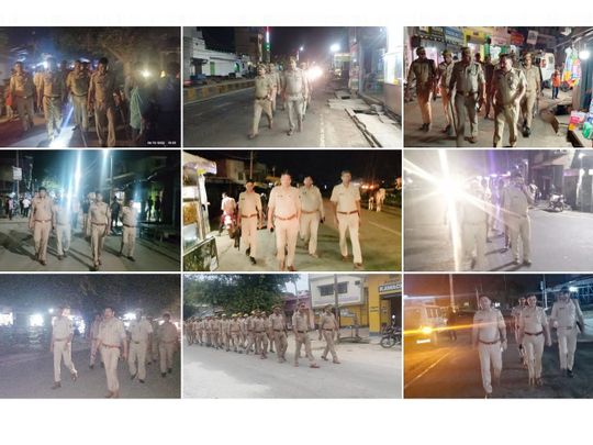 Sambhal police on foot patrol in the Indian state of Uttar Pradesh
